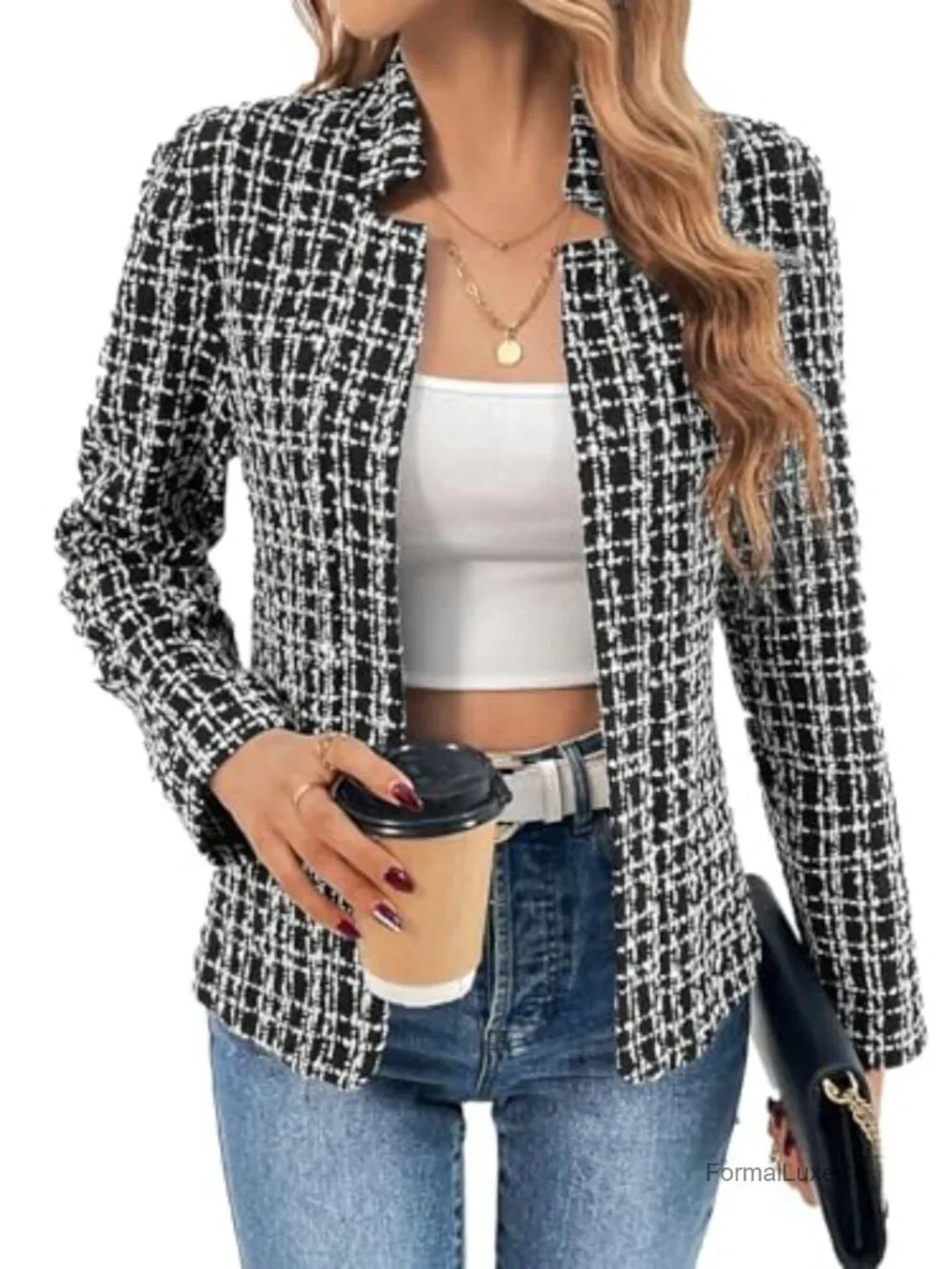 Women's Open Front Tweed Blazer - Lightweight Plaid Stand Collar Lined Casual